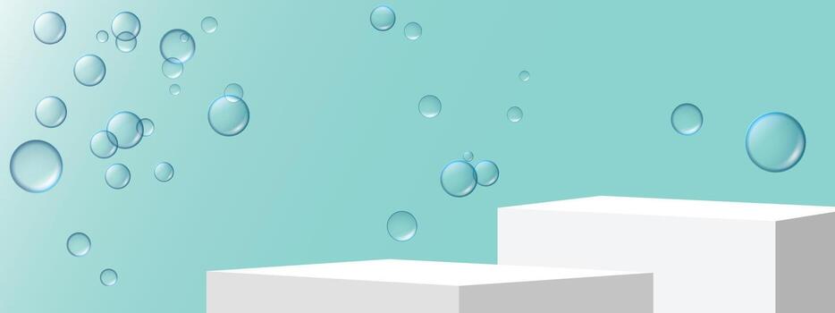 Bubble podium scene with floating transparent bubbles, white geometric platforms, and soft blue background, creating fresh mood vector