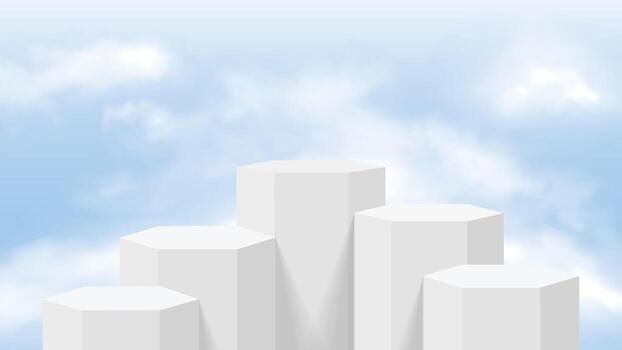 blanco hexágono podios con suave azul cielo y mullido nube fondo, mínimo diseño para producto monitor o presentación, calma y sereno estado animico vector