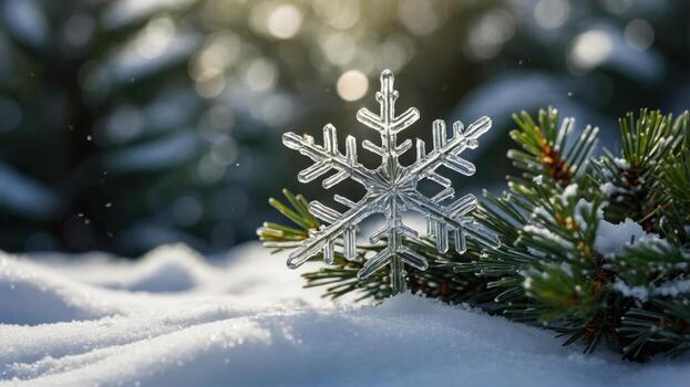Snowflake resting on pine needles amidst a snowy landscape with soft sunlight filtering through trees photo