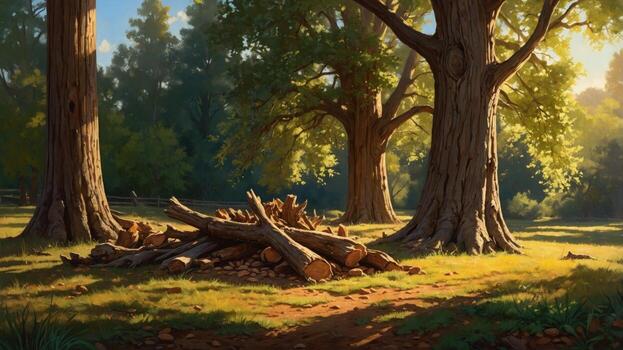 Sunlit forest clearing with stacked logs and towering trees, creating a serene natural setting photo