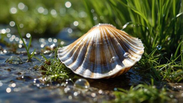 Close-up view of a scallop shell resting on wet grass near water, with bokeh background effects photo
