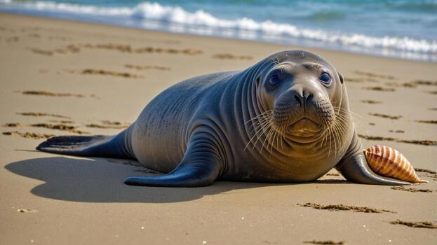 Seal resting on a sandy beach with a shell beside it, waves gently lapping in the background photo