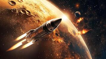 ett konstnärens tolkning av en raket flygande över de yta av fördärvar video