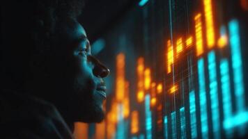 A man looking at a computer screen with colorful data video