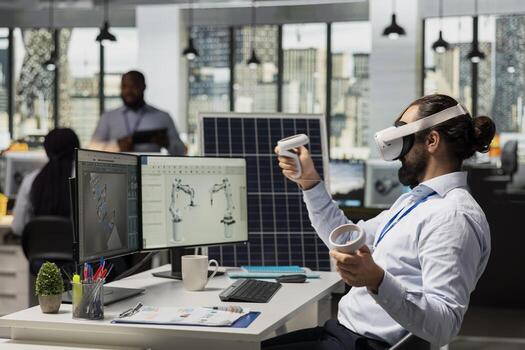 Engineer uses VR headset to optimize sustainable solar panel fabrication with advanced assembly lines. Clean energy expert innovates solar manufacturing processes using virtual reality simulation photo