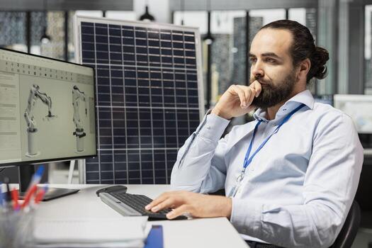 Engineer designs solar panels using CAD software, enhancing efficiency and reducing environmental impact. Green energy facility worker develops robotic arm systems for automated solar cells production photo