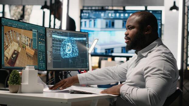 Black developer uses AI systems for housing and commercial property development, featuring automation, predictive analytics and simulation tools for master plan creation. Cybernetics. photo