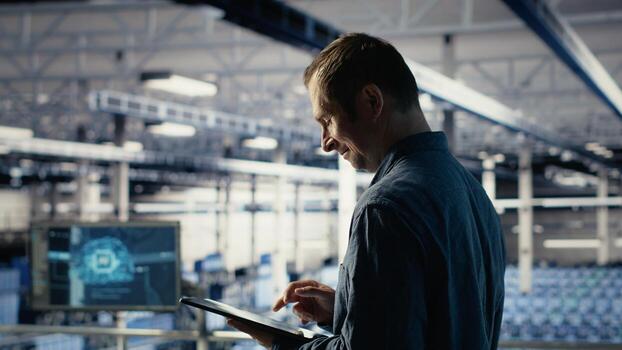 Jolly IT professional monitors server room activity using tablet in facility. Happy data center technician reviews rigs tests results with device to ensure systems are working correctly, camera B photo