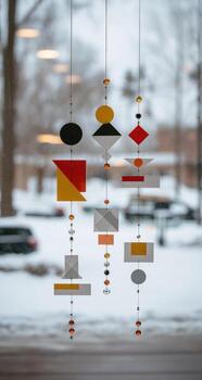 A mobile hanging from a string in the snow photo