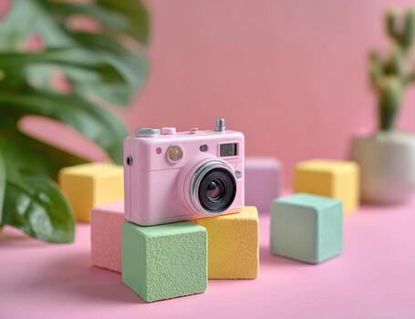 Pink camera with colorful blocks on a pink background photo