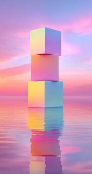 3d render of stacked cubes on water with sunset photo