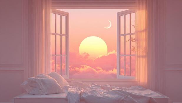 A bed with a window open to the sky photo