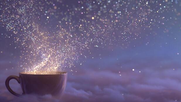 A cup of coffee is being blown up by a magic spell photo