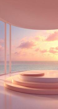 An empty room with a large window overlooking the ocean photo