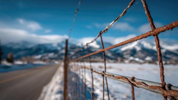 A rusty fence with snow covered mountains in the background photo
