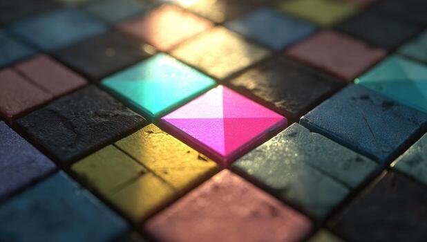 Colorful squares on a black background with a bright light shining through photo