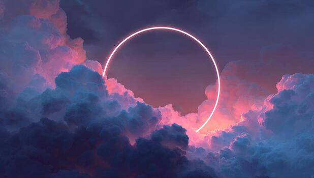 A circle in the clouds with a pink light photo