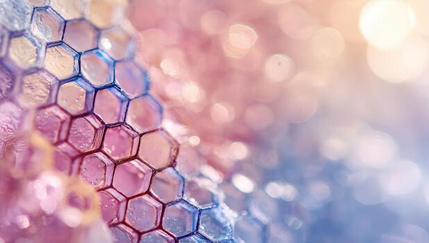 A close up of a honeycomb with a pink and blue background photo
