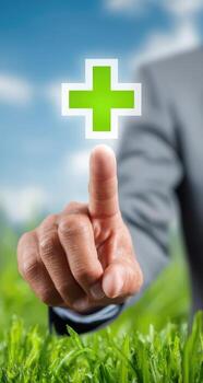 mano señalando a verde más firmar en césped foto