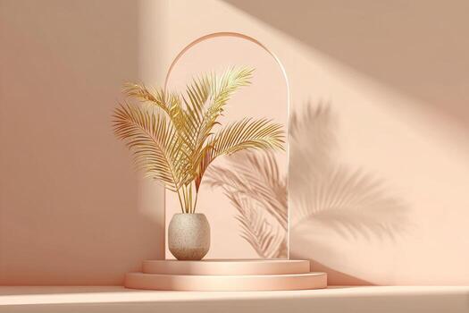 A vase with a palm tree in front of an arch photo