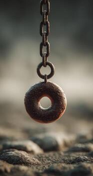 A donut hanging from a chain on a rock photo