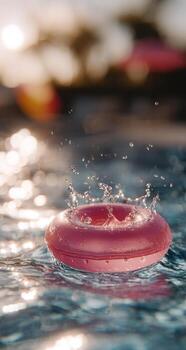 A pink swimming ring floating in a pool photo
