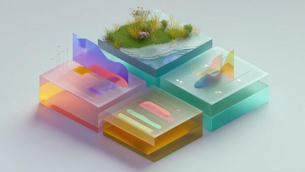 A 3d rendering of a cube with a grassy area and a building photo