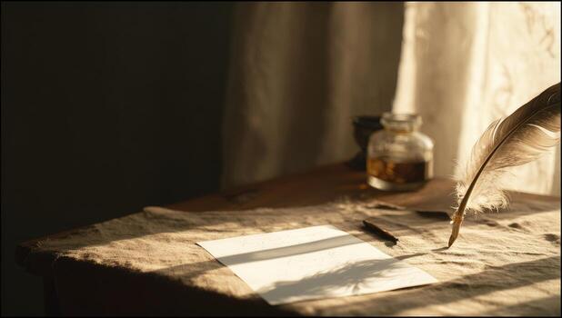 A feather quill and ink on a table photo