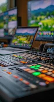 A computer with several monitors and a mixer photo