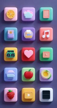 A colorful set of icons that include a strawberry, a strawberry, a strawberry, a strawberry, photo