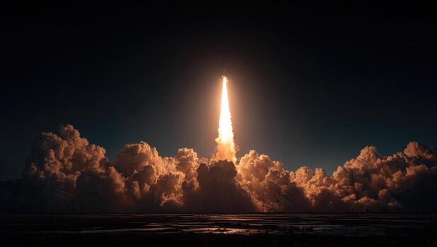 A rocket is flying into the sky at night photo