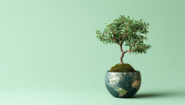 A small tree in a pot on a green background photo
