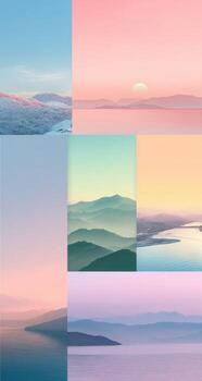 A series of images of mountains, water and sky photo