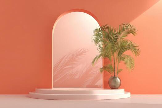 An empty room with a palm tree in front of an arch photo