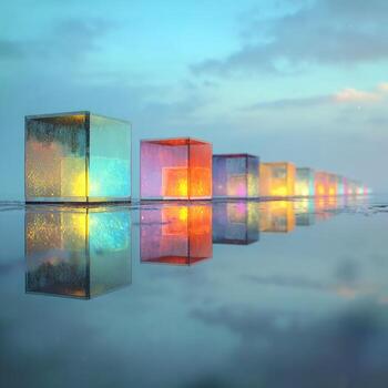 A row of colorful cubes on the water photo