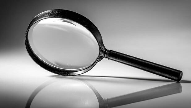A magnifying glass is shown on a reflective surface photo