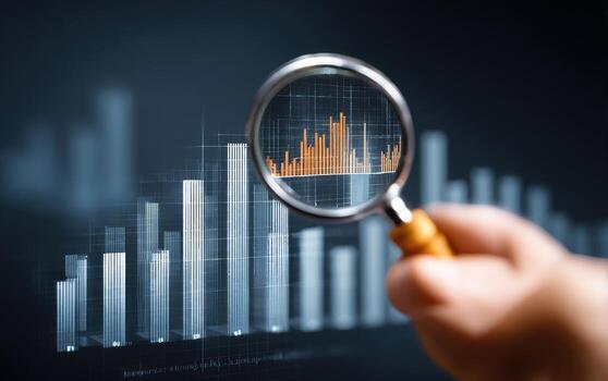 Hand holding magnifying glass over graph chart photo