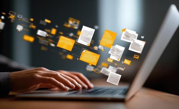 Man typing on laptop with yellow icons flying out photo