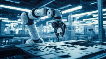 een robot is werken Aan een machine in een fabriek achtergrond video