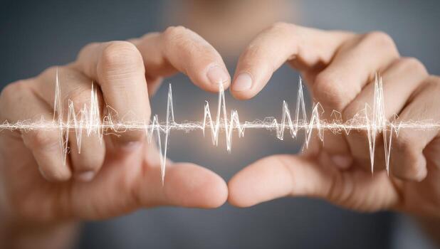 Hands making a heart shape with a heartbeat photo