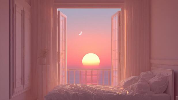 A bedroom with a bed and a window overlooking the ocean photo