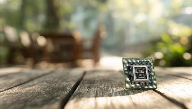 A small chip sitting on top of a wooden table photo