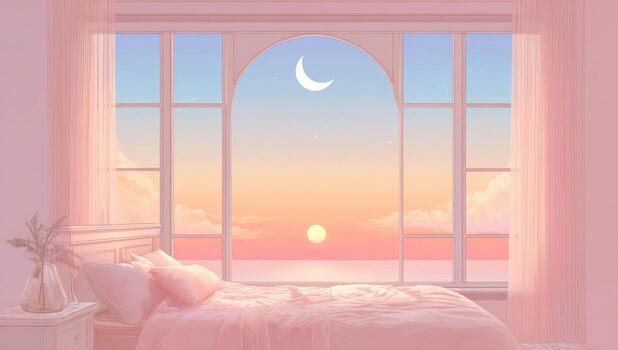 A bedroom with a window looking out to the ocean photo