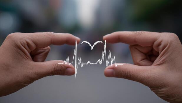 Two hands holding a heart shaped ecg line photo