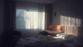 un cama con un lámpara y un ventana en el habitación foto