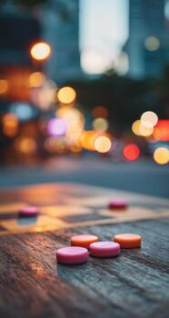 Pink and orange dice on a wooden table with blurred lights photo