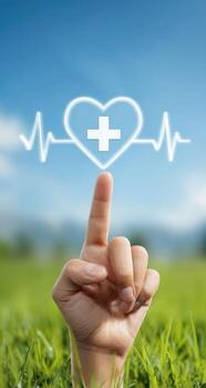 Hand touching a heart beat icon on a green field photo