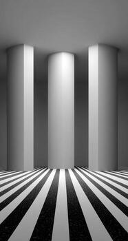 Black and white photo of empty room with columns