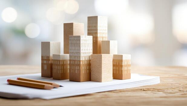 A wooden building block on top of a piece of paper photo