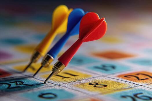 Three darts are placed on a board with a dart board photo